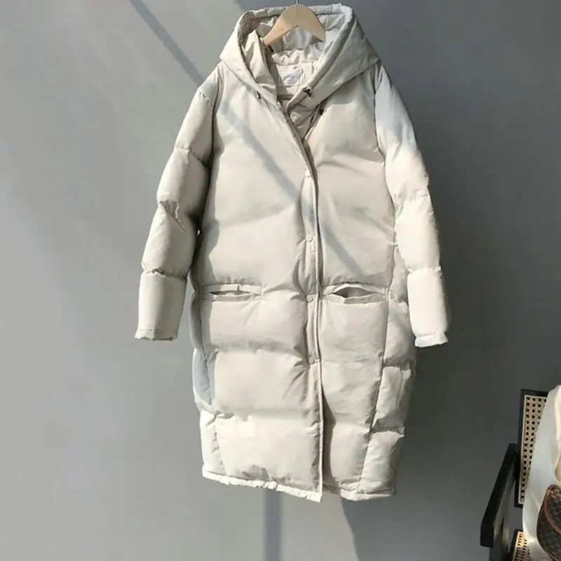 Новые женские теплые парки с капюшоном, длинные рукава, карманы, одноцветные длинные пальто, свободные толстые зимние куртки с хлопковой подкладкой