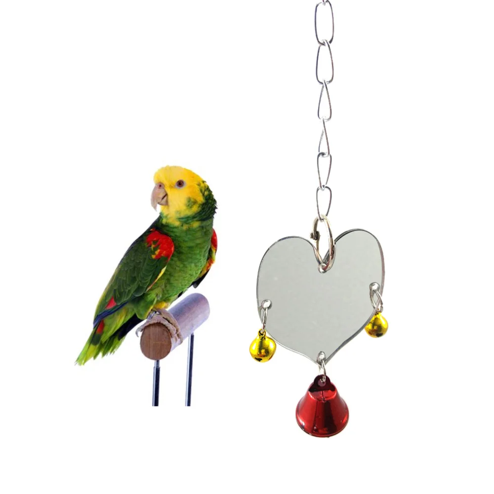 En forma de corazón de una sola cara espejo CAMPANA PARA loro mascota espejo con pájaro Swing jaula de pájaro juguetes con cascabel jaula colgante (Bell Color al azar)