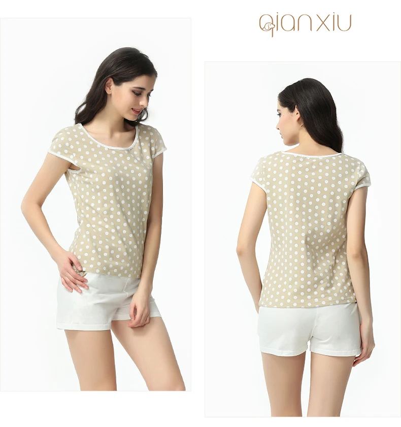 Summer Pyjamas Women Polka Dot Sleepwear Suit Casual Pajama Sets 95%cotton Homedress Set  Short Sleeveles Elastic Waist