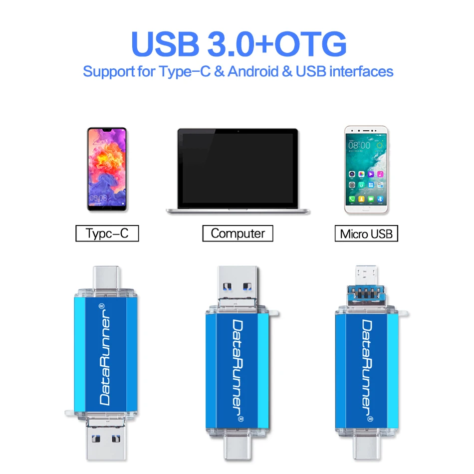 DataRunner OTG 3 в 1 USB флеш-накопитель USB3.0& type-C& Micro USB флеш-накопитель 32 Гб 64 Гб 128 ГБ 256 ГБ 512 ГБ Флешка для смартфона