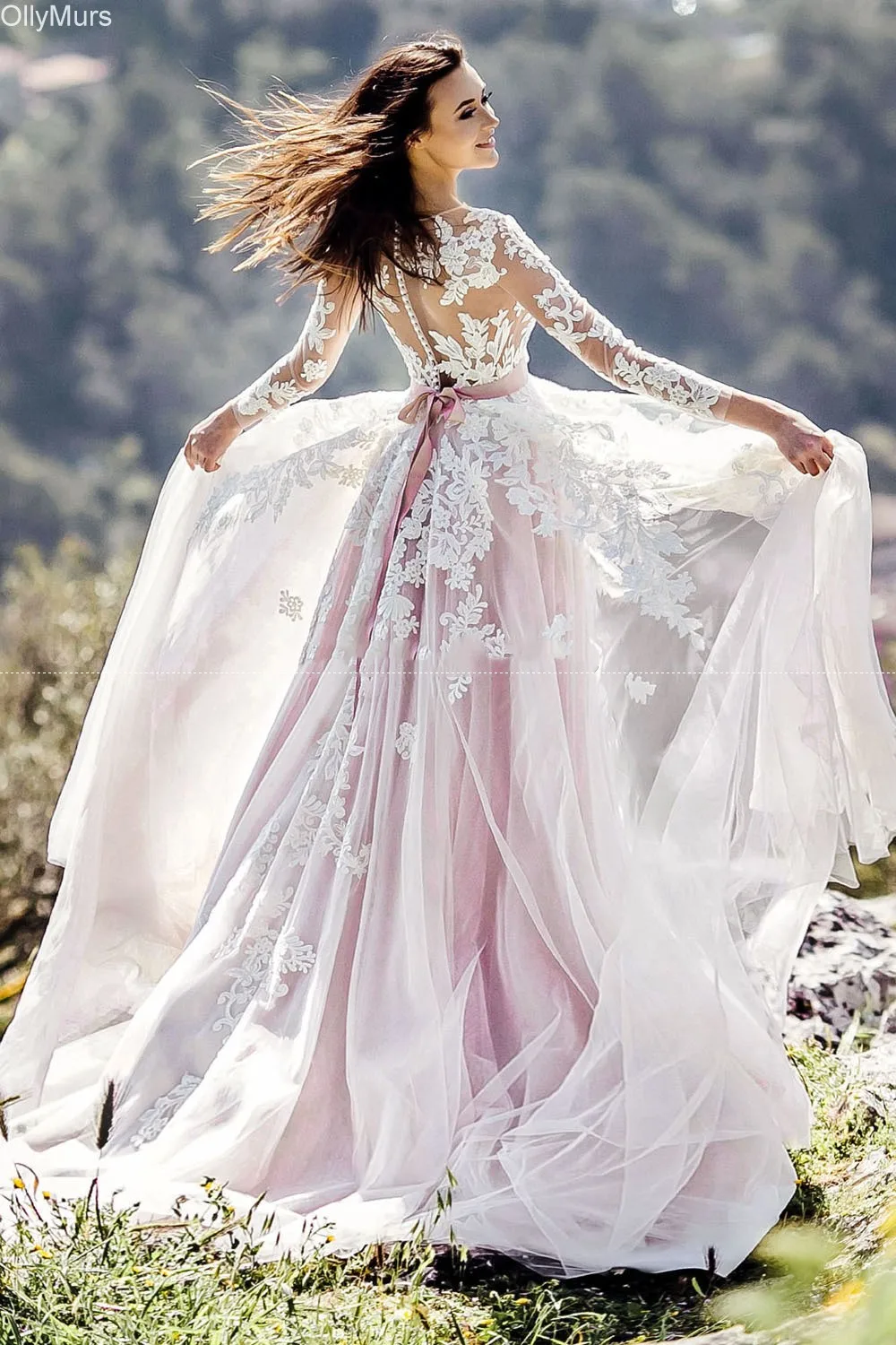 Розовые Свадебные платья трапециевидной формы из тюля с кружевной аппликацией для шеи, свадебное платье с длинным рукавом, размер на заказ