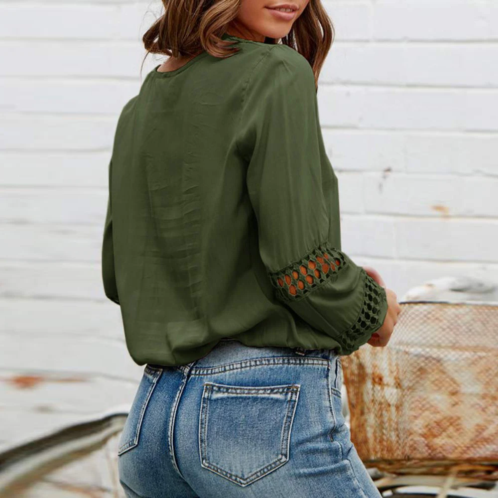 Wenyujh Women's Deep V Neck Long Sleeve Solid Shirts Female Spring Autumn Loose Top Sexy Hollow Out Lantern Sleeve Blouse