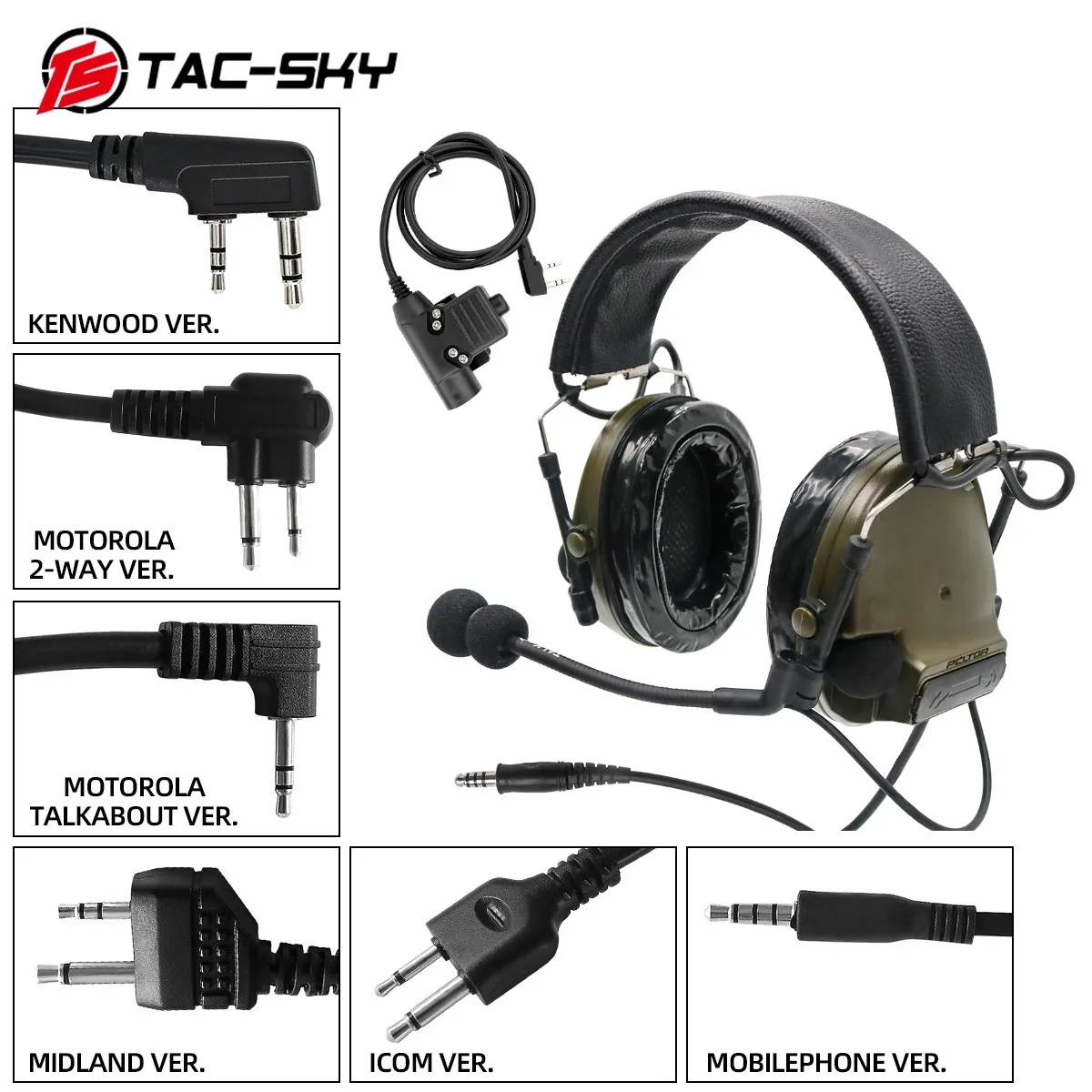 TAC-SKY leather headband COMTAC III noise reduction pickup tactical shooting hunting headset + military adapter PTTU94 PTT FG - Famidy.com