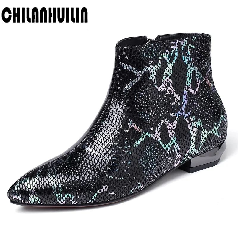 

high quality print snake leather ankle boots for women zipper low heel booties autumn winter ankle botas platform shoes woman