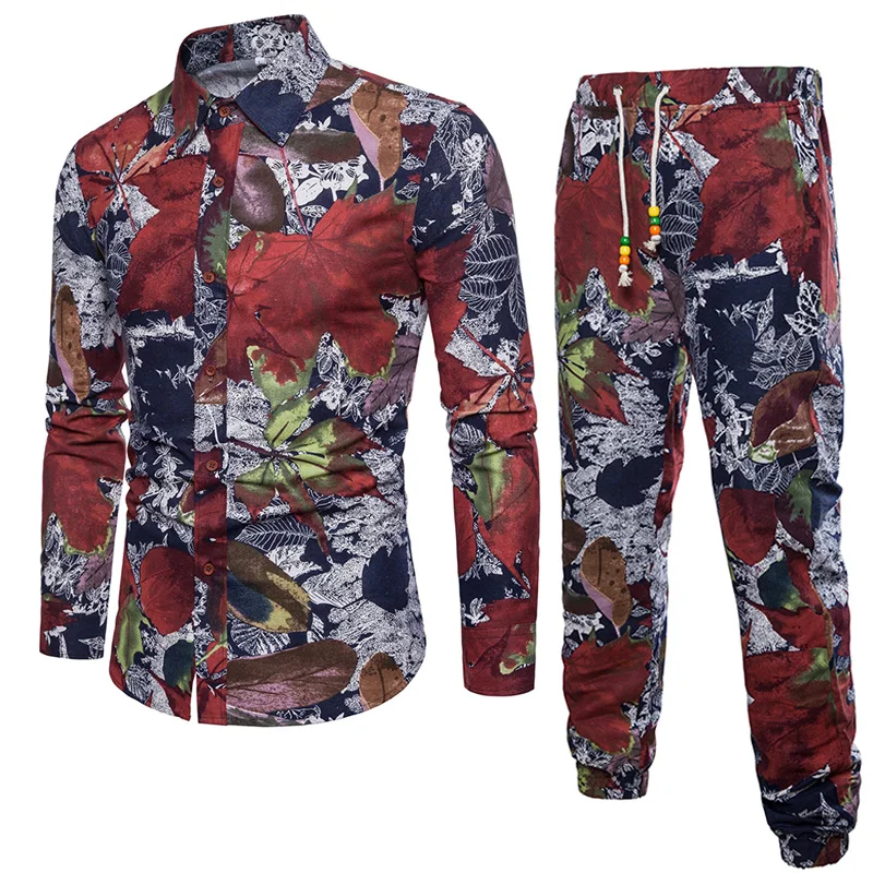 Мужской праздничный костюм одежда с принтом растений и деревьев высококачественные льняные длинные штаны мужские спортивные костюмы размера плюс 5XL Европейский праздничный комплект для мальчиков - Цвет: A040