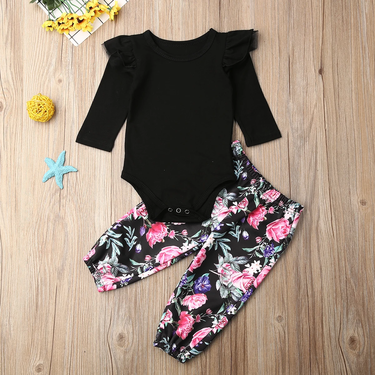 Fashion Newborn Baby Girl Floral Clothes Ruffle Romper Jumpsuit Leggings Pants Outfit New Born Girl Clothes Newborn Set Clothing
