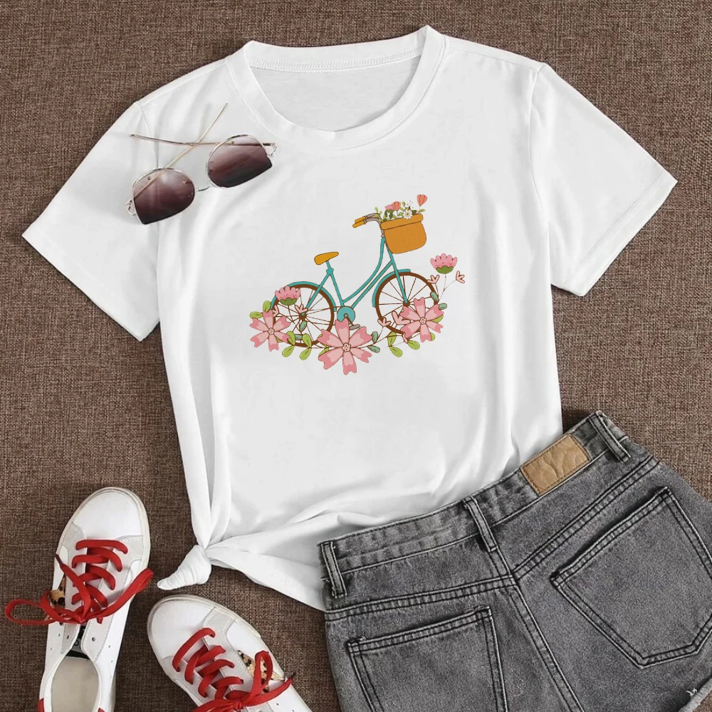 

Ropa Mujer Vogue Aesthetic Women T-shirt Flowers and Bicycle Printing Short sleeve Tops & Tees European style Casual Wear Tshirt
