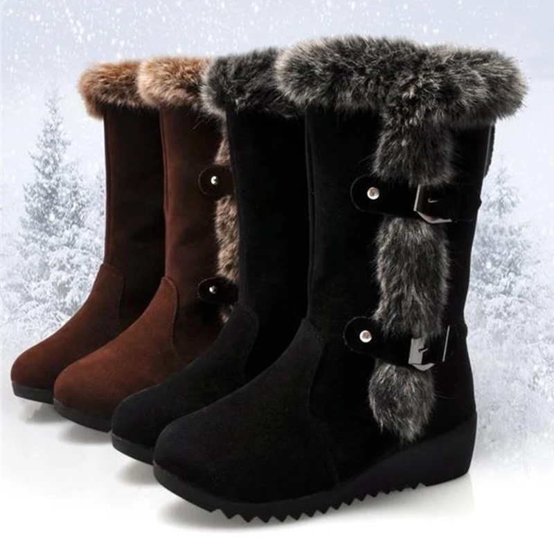 Botas de Invierno para mujer informales cálidas de piel, zapatos de media caña con punta redonda sin cordones, botas de nieve cuñas, talla grande 42
