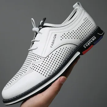 

Summer Hollow-out Casual Shoes Men Fashion Sneaker Loafers Breathable Elegant Pu Leather Punk Holes Increased Shoe