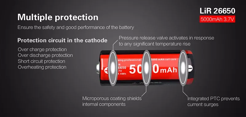 KLARUS Rechargeable Li-ion 3.7V 5000mAh 26650 Battery (6)