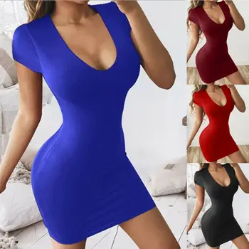 

US Women Deep V Neck Short Sleeves Solid Bodycon Cocktail Party Club Mini Dress