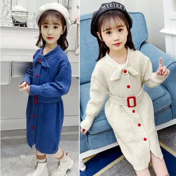 

5-10 year old girl baby sweater dress new winter clothes for children fashion cardigan button sweater dress long dress sweater