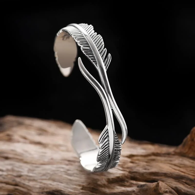 Bangle Bracelet Silver Color Feather Cuff for Men Women Vintage Adjustable