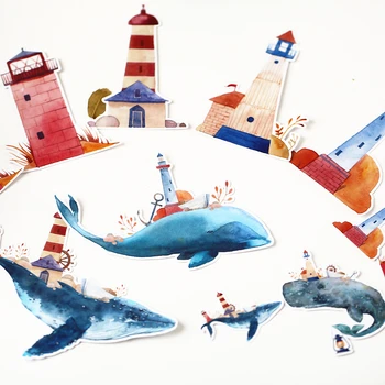 

12 PCS Whale and lighthouse Stickers Crafts And Scrapbooking stickers book Student label Decorative sticker kids toys
