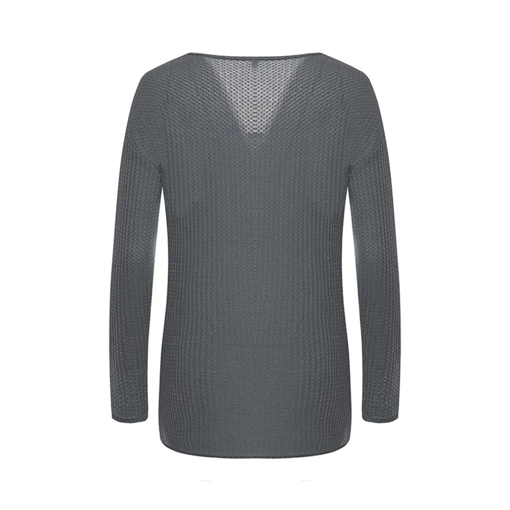 Jaycosin Fashion Casual Lady Long Sleeve V-neck Sweater Stylish Comfortable Soft Solid Color Knitting Slim Blouse Sweater Tops