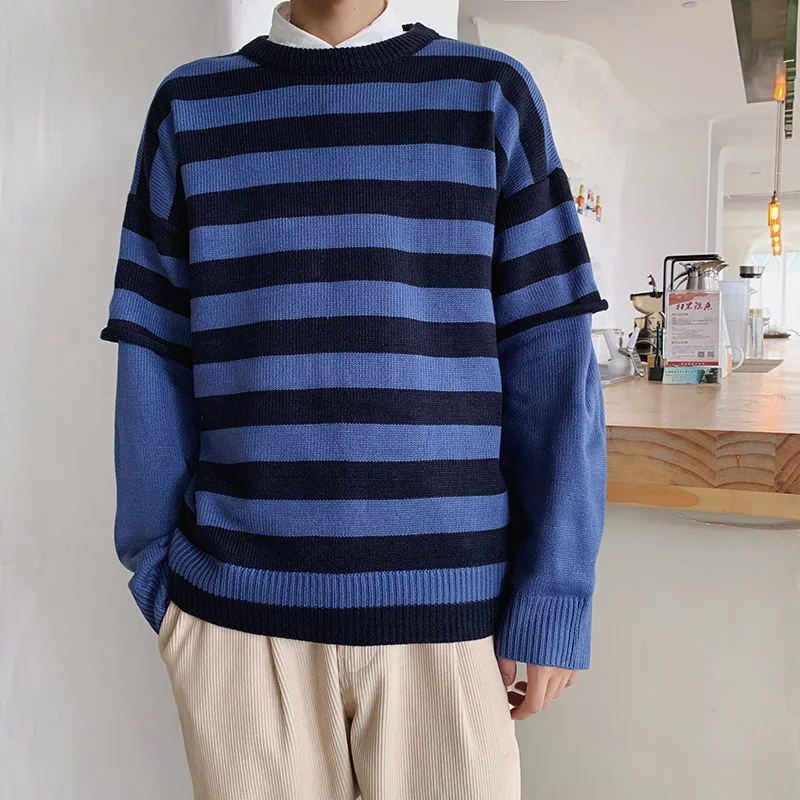Autumn Sweater Men Fashion Contrast Color Casual Striped Couple Sweter Streetwear Loose Fake Two-piece Knitting Pullover Men