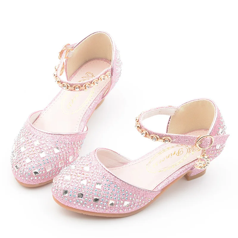 Сандалии на каблуке со стразами для маленьких девочек; коллекция года; детская обувь больших размеров; Летние кожаные сандалии; 3, 4, 5, 6, 7, 8 От 9 до 13 лет - Цвет: pink