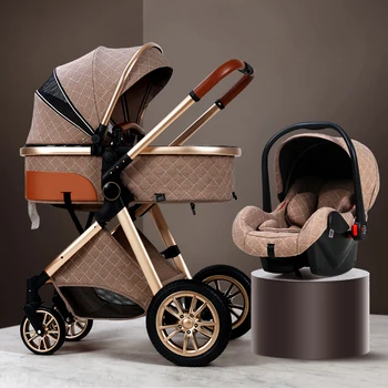 Luxury Baby Stroller 3 in 1 High Landscape Baby Cart Can Sit Can Lie Portable Pushchair Baby Cradel Infant Carrier 4
