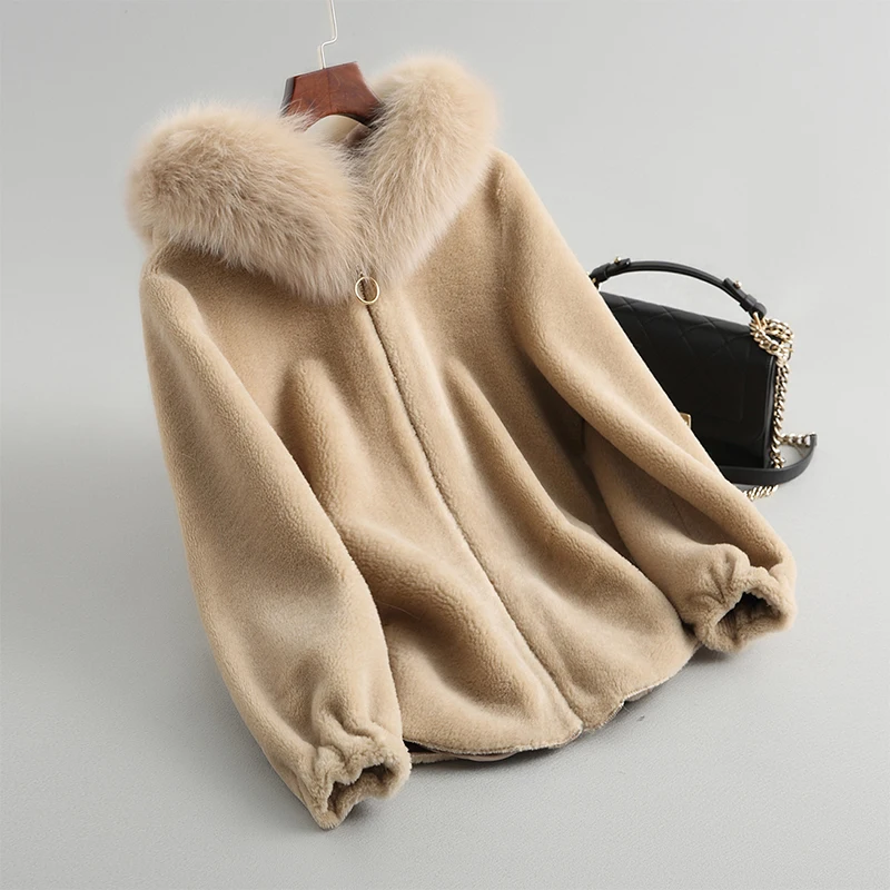 

Real Fur Coat Female Jacket Winter Coat Women Clothes 2020 Fox Fur Collar Hooded Short Wool Fur Jacket 7623 KJ2884