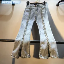 Женские джинсовые штаны, весна-осень, модные, обтягивающие, стрейчевые, расшитые бисером и бриллиантами, сексуальные, расклешенные джинсы