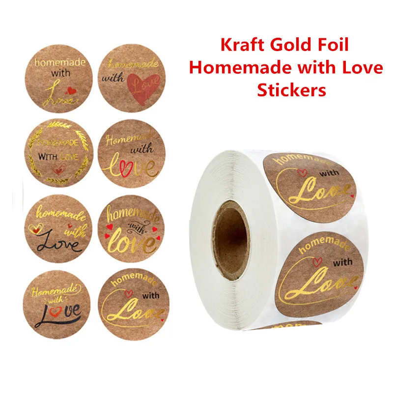 

2020 Multiple Kraft Gold Foil Homemade with Love Stickers Seal Labels Scrapbooking for Handmade Custom Baked Gift Decor 500pcs