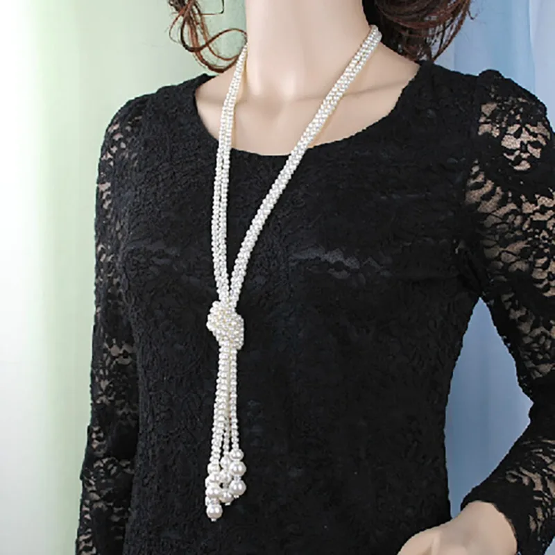 

Fashion Pearl Decoration Long Multi-layer Strand Necklace Simple Women Elegant Korean Style Pendant Necklace