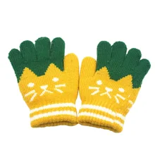 Детские комбинированные перчатки с рисунком волшебного кота для девочек, варежки, эластичные вязаные зимние теплые Новые