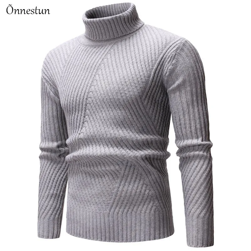 Onnestun пуловер вязаные свитера мужские осень зима тонкий теплый свитер с высоким воротником мужские модные повседневные топы Простой свитер - Цвет: Серый