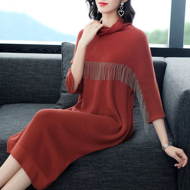 

D905595 Knitting Sweater Skirt Suit-dress 2019 Loose Temperament High Lead Seven Part Sleeve Long Fund