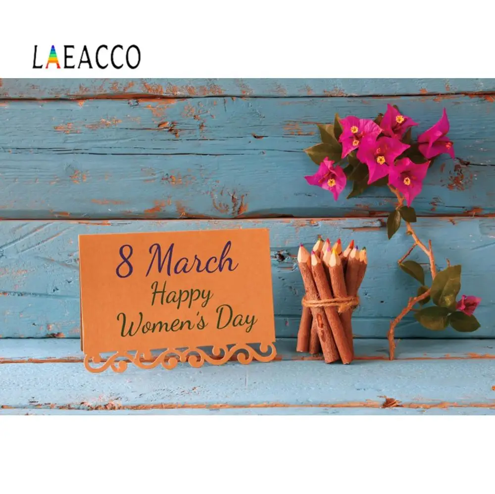 

Laeacco Photographic Backdrops 8 March Happy Women's Day Wooden Board Pen Flowers Photography Background Custom For Photo Studio