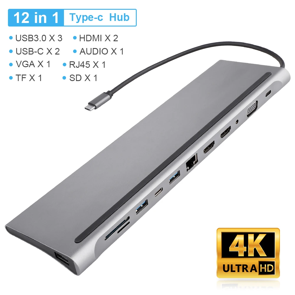 

12 In 1 USB HUB Thunderbolt 3 Type C Adapter Dock 2 USB 3.0 Port 4K HDMI 1080P VGA RJ45 Gigabit Ethernet For Macbook Pro PC 2020