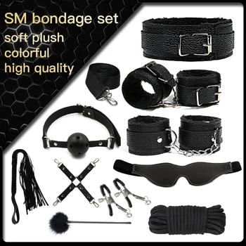 Jiuai 10pcs Set Leather Kits Bondage Handcuffs Nipple Clamps Whip Gag Sex Toys For Adult Game 2