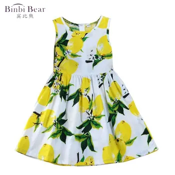 

Binbi Bear 2020 European and American Girls Cotton Silk Lemon Print Zip Tank Dress Little Girls Clothing