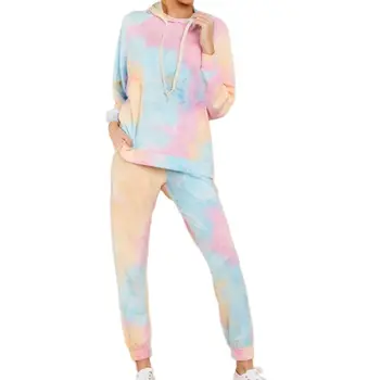 

Women Gradient Tie-Dye Printed Two Piece Tracksuit Long Sleeve Hooded Drawstring Sweatshirt Tops Jogger Pants Loungewear