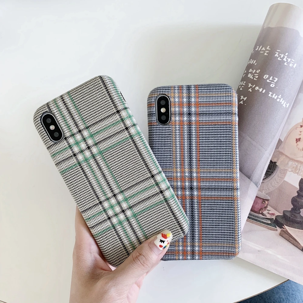 

British Grid Style for iPhone X Case Fabric 8 7 Xr 6s Plus Cloth Winter Mobile Phone Shell Soft TPU Shockproof Covers for Girls