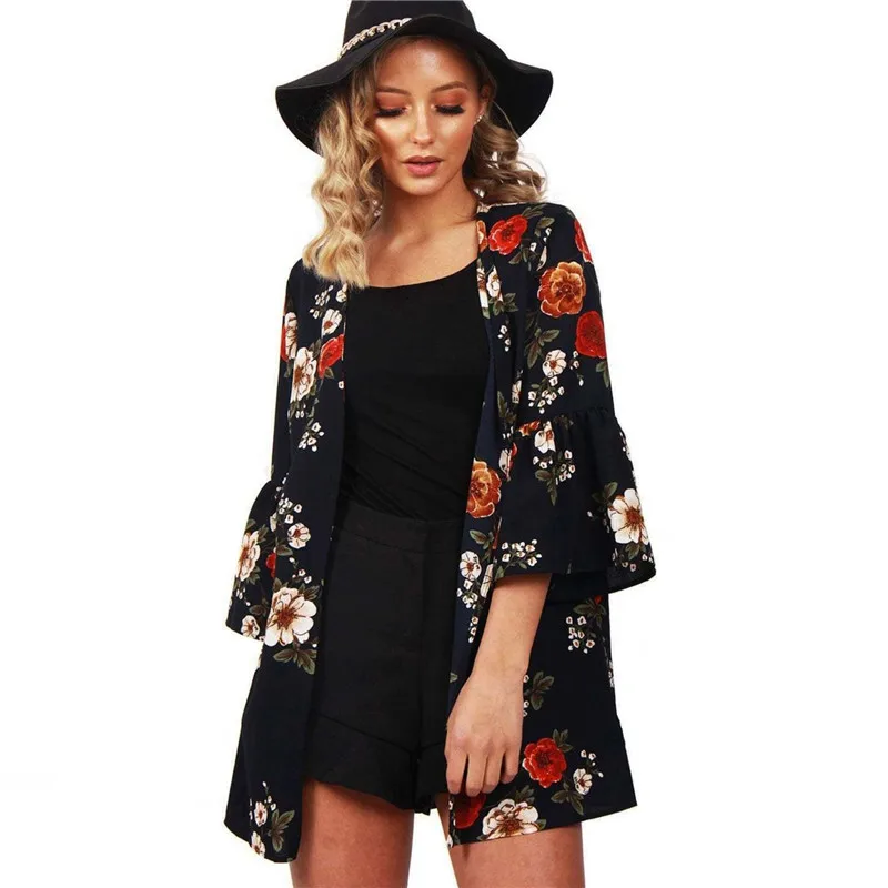 

Chiffon Blouses 2019 Fashion Women Tops and Blouses Open Front Floral Print Blouse Shirt Casual Loose Tops Tees Blusas Femininas