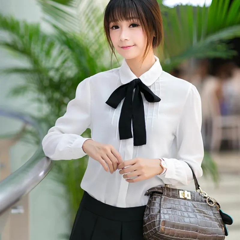 

Women's shirt school white blouses plus size spring autumn korean style women's blouses 2019 chiffon bow shirts tops office lady