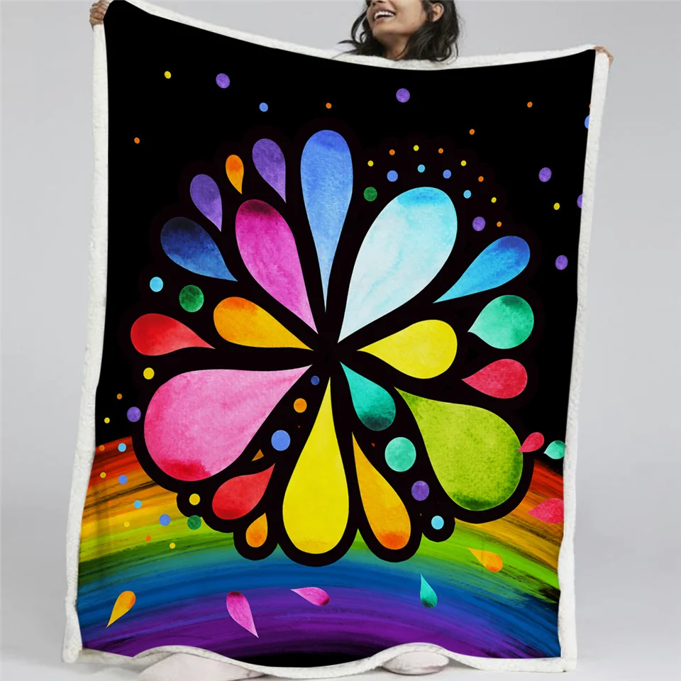 

BlessLiving Rainbow Blankets For Beds 7 Chakra Flower Furry Blanket Petal Colorful Plush Bedspread Watercolor Sherpa Blanket