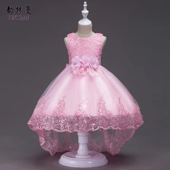 

High-end Kids Girls Tail Dresses Size 4 6 8 10 to 12 Years Floral Sequins White Purple Lace Party Dress Girls Teen Clothes 1B63A