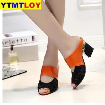 

Women Sandals Square Heel 2020 Summer Shoes Woman Fashion Slides Cut-out Open Toe Slip On Mothers Sandals Female Bling Slippers
