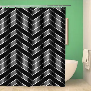 

Bathroom Shower Curtain Tiled Zigzag Pattern Wavy of Dotted Chevrons Abstract Black 72x78 inches Waterproof Bath Curtain Set