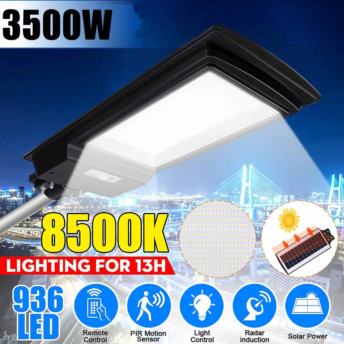 3500 Вт IP65 Светодиодный уличный фонарь на солнечной батарее 436/936LED 8500K свет радар