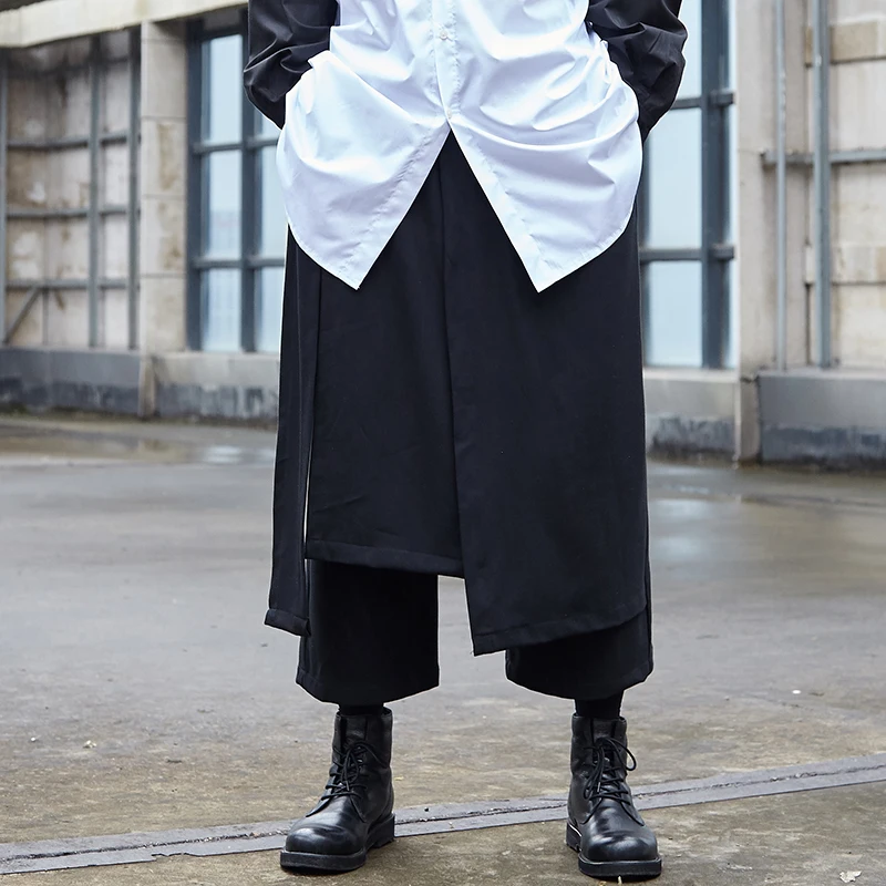 Men's nine minute trousers spring and summer new loose yamamoto style men's and women's skirt trousers fake 2 pieces