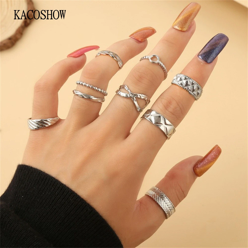 KACOSHOW Conjunto de 8 anillos Punk mujer, joyería minimalista geométrica, Circular, Color plateado, anillo ajustable, accesorios|Anillos| - AliExpress