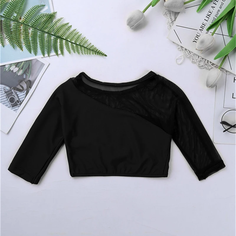 Kids Girls Gymnastics Dance Crop Top Girls 3/4 Sleeves Asymmetrical Tops Crop Top for Ballet Dance Stage Performance Workout