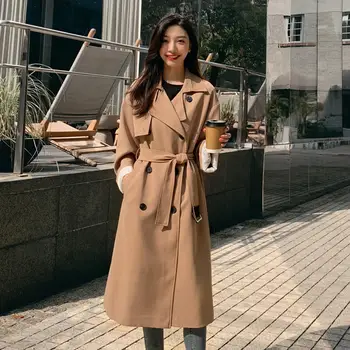 

Long Trench Coat Women Elegant Office Lady Coat Double-Breasted Windbreaker Outerwear Solid Spring And Autumn Trench Coat Q2508