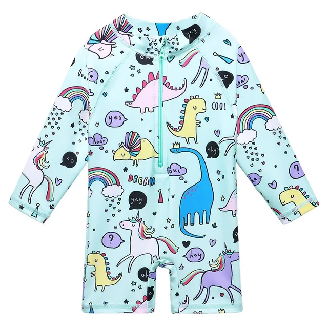 BAOHULU UPF50+ Print Baby Girl Swimsuit Long Sleeve Kids Swimwear One Piece Toddler Infant Bathing Suit for Girls Boys Children S297 CyanDinosaur