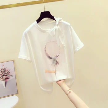 

Woman Summer Top 2020 Summer New Bow Lace-up Exposed Shoulder T-shirt Female Balloon Printing Sweet T-shirt Girls Students Tees