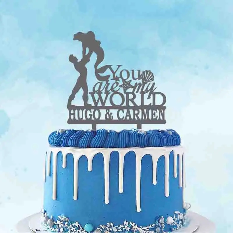 

Персонализированные Русалка свадебный торт фигурки жениха и невесты; Имя пары на заказ с принтом «You Are My World принц и Русалка фигурки жениха и невесты; Для Свадебная вечеринка Декор