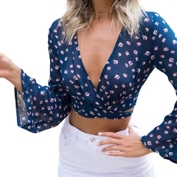 

Women´s V-neck Flared Sleeve Chiffon Shirt Short Cross Lace-Up Flower Printed Bandage Blouse